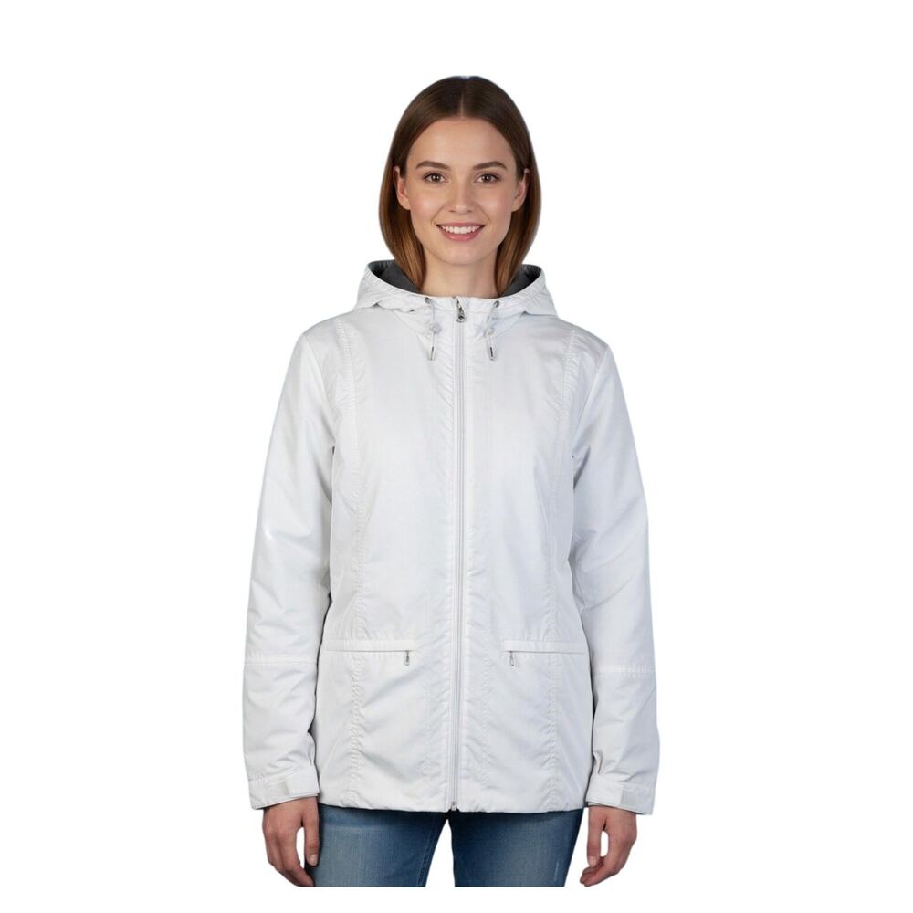 Vintage Y2K Women's White Full-Zip Hooded Winter Jacket Knit Cuffs Collar Size L